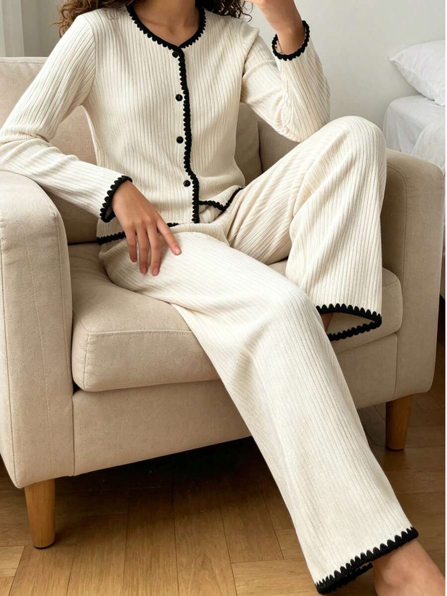 Girl's Ribbed Knit Pajama Set, Black Scalloped Trim Long Sleeve Button Top & Long Pants, Soft Warm Loungewear, Elegant Home Sleepwear For Tween Girl Winter - White - View 1