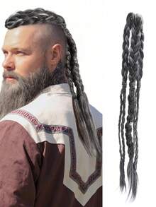 Tóc nối sợi tổng hợp tết sẵn kiểu Viking cho nam 24 inch, tóc tết sẵn đính kẹp với vòng trang trí kim loại, dễ kẹp và tháo, tái sử dụng được, phụ kiện tóc chiến binh Viking lý tưởng cho Halloween - Nhiều màu - Xem 11