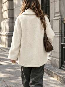 Women's Elegant Warm Teddy Coat Winter Button Midi-Length Chic Jacket Drop-Shoulder Lapel Collar Jacket - Apricot - View 4