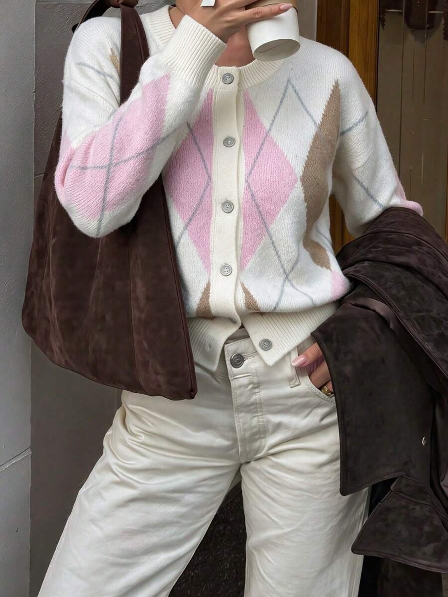 Cardigan Wanita Motif Berlian dengan Kancing Depan, Lengan Panjang, Panjang Standar, Atasan Rajut Elastis Sedang, Cocok untuk Dipakai di Musim Gugur/Musim Dingin - MultiWarna - View 1