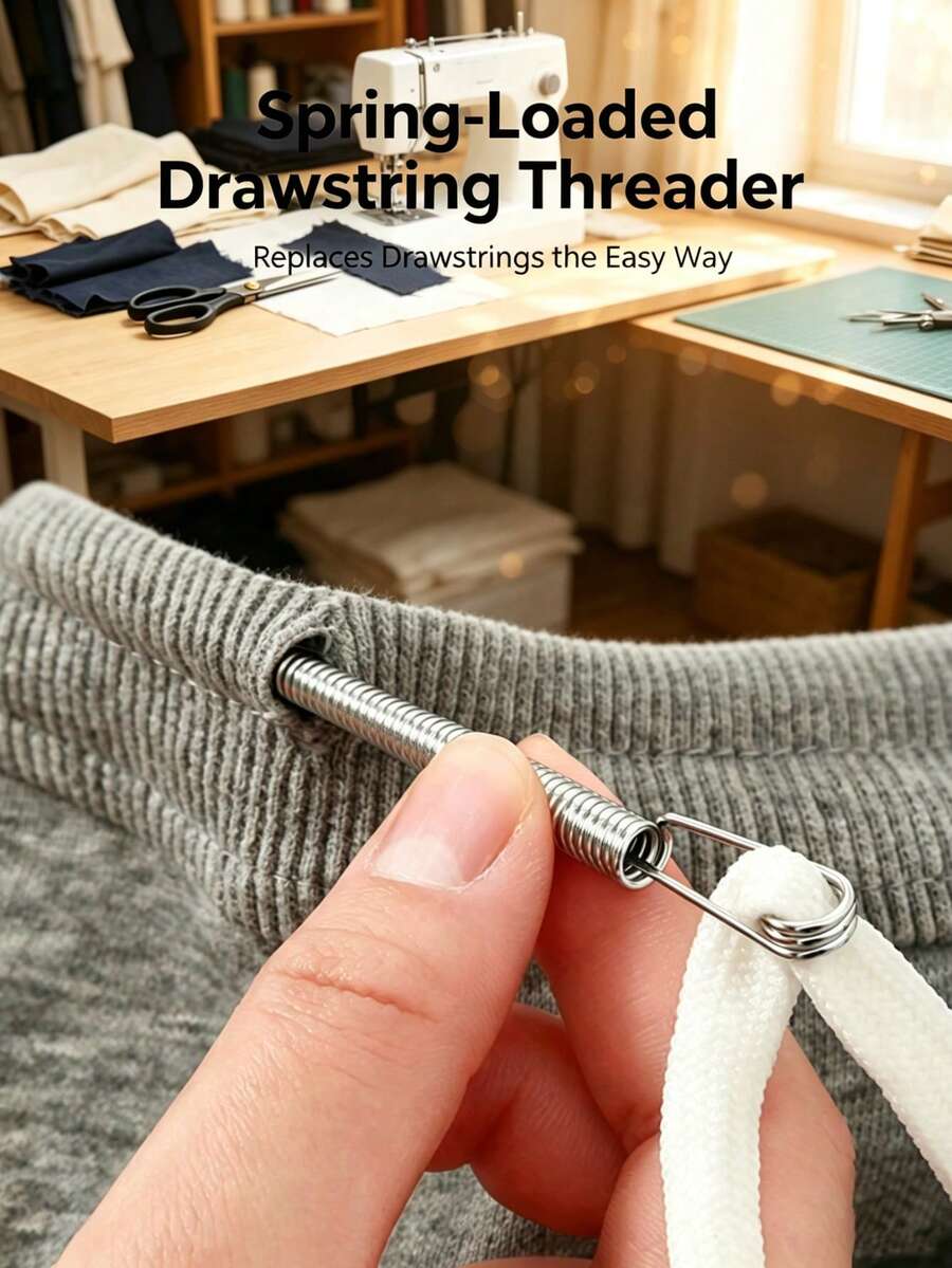 Spring-Loaded Drawstring Threader, Flexible Metal Sewing Elastic Cord Tool For Hoodies, Sweatpants, Jackets, Skirts, Easy To Re-Thread, DIY Home Craft Gift, Stress-Relieving Sewing Assistant - Cord Threading Tool - View 1