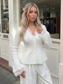Women's Autumn/Winter Lace Trim Ruffle Hem Ribbed Knit Cardigan, Casual Daily Long Sleeve Vacation Outfit, Elegant Slim Fit Top - White - View 11