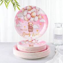 7-Inch & 9-Inch Disposable Party Paper Plates, Pink Hot Air Balloon & Cute Bear Cowboy Print Party Supplies, Dessert Paper Plates, Disposable Plates Suitable For Birthday, Celebration, Party Decorations - Multicolor - View 1