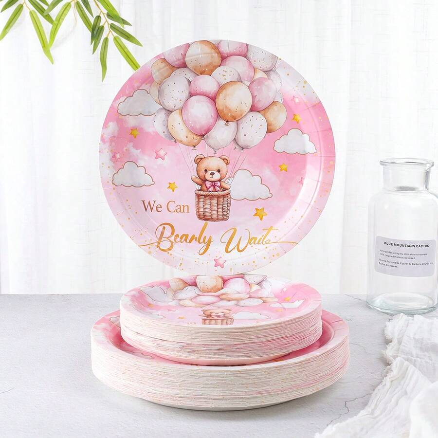 7-Inch & 9-Inch Disposable Party Paper Plates, Pink Hot Air Balloon & Cute Bear Cowboy Print Party Supplies, Dessert Paper Plates, Disposable Plates Suitable For Birthday, Celebration, Party Decorations - Multicolor - View 1