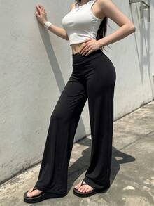 Fashion Slim Fit Flare Leg Pants, High Waist High Elastic Lace Waist Design, Soft Polyester Long Pants, Suitable For Commuting, Fitness, And Casual Wear - Black - View 5