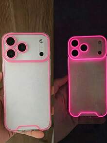 Pink Glow-In-The-Dark Border Large Window Phone Case, Night Fluorescent Glowing Edge Transparent Personalized Ins Style Full Coverage Anti-Drop Soft Shell Protective Cover, Suitable For IPhone 18/17/16/11/15/14/13/12 Pro Max Plus, Perfect Birthday Gift For Women, Men, Sisters, Daily Anti-Drop Phone Case Protective Cover - Pink - View 3