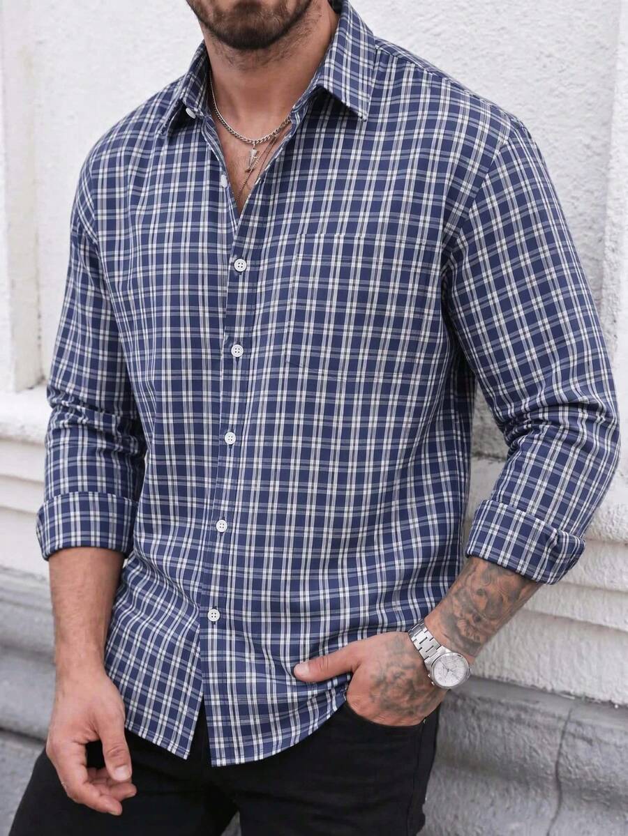 Men's Casual Commute Plaid Long Sleeve Shirt, Comfortable And Versatile, Spring Autumn Winter - Navy Blue - View 1