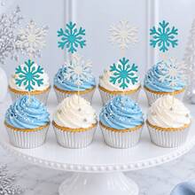 1Pc/40Pcs/41Pcs/Set Happy Birthday Cake Topper Set Silver Blue Glitter Snowflake Cupcake Toppers Winter Birthday Party Cake Decorations For Birthday Party Supplies - Multicolor - View 4