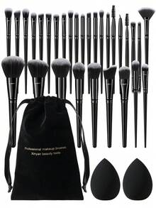 30/33/53Pcs All-In-One MakeupTool Set,30Pcs Professional Makeup Brushes With Velvet Storage Pouch&Wash Bag,Includes Makeup Sponges, Powder Puffs, Bow Hair Bands, Eyelash Curler,Brush Cleaning Bowl,Synthetic Bristles Cosmetic Kit For Face & Eye Makeup - Black - View 14