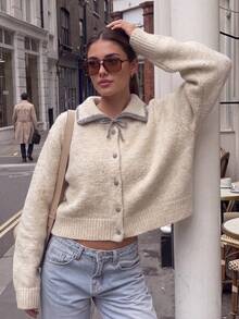 Women's Sweet Bow Tie Cardigan, Soft Fuzzy Button Up Cardigan For Coffee Date, Weekend And Christmas - Apricot - View 4