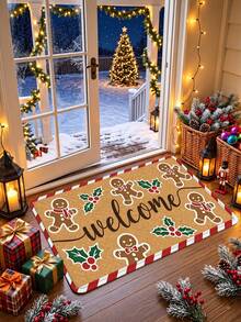 1 buah Keset Pintu Dekoratif Motif Kue Jahe, Keset Selamat Datang Motif Kue Jahe, Keset Pintu Natal, Keset Luar Ruangan Motif Kue Jahe, Keset Pintu Natal, Karpet Liburan Anti Selip - A - View 2