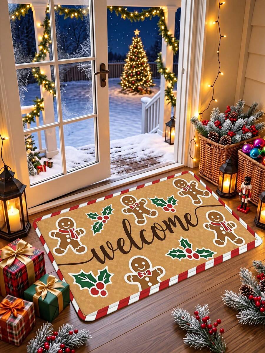 1 buah Keset Pintu Dekoratif Motif Kue Jahe, Keset Selamat Datang Motif Kue Jahe, Keset Pintu Natal, Keset Luar Ruangan Motif Kue Jahe, Keset Pintu Natal, Karpet Liburan Anti Selip