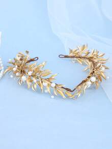 Minimalist Gold Leaf Pearl Bridal Headband Wedding Hair Accessories Women Bride For Prom Party Photo Shoot - Gold - View 4
