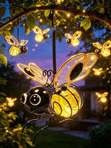 1/2/3PCS Solar Bee Shaped Hanging Lights, Flexible Spring Design Cute Yellow Bee Pendant Lamp, Auto Light Control Weatherproof Outdoor Solar Night Light For Garden Courtyard Terrace Porch Decor, Lovely Yard Art & Birthday Gift For Family Friends - Yellow - View 2