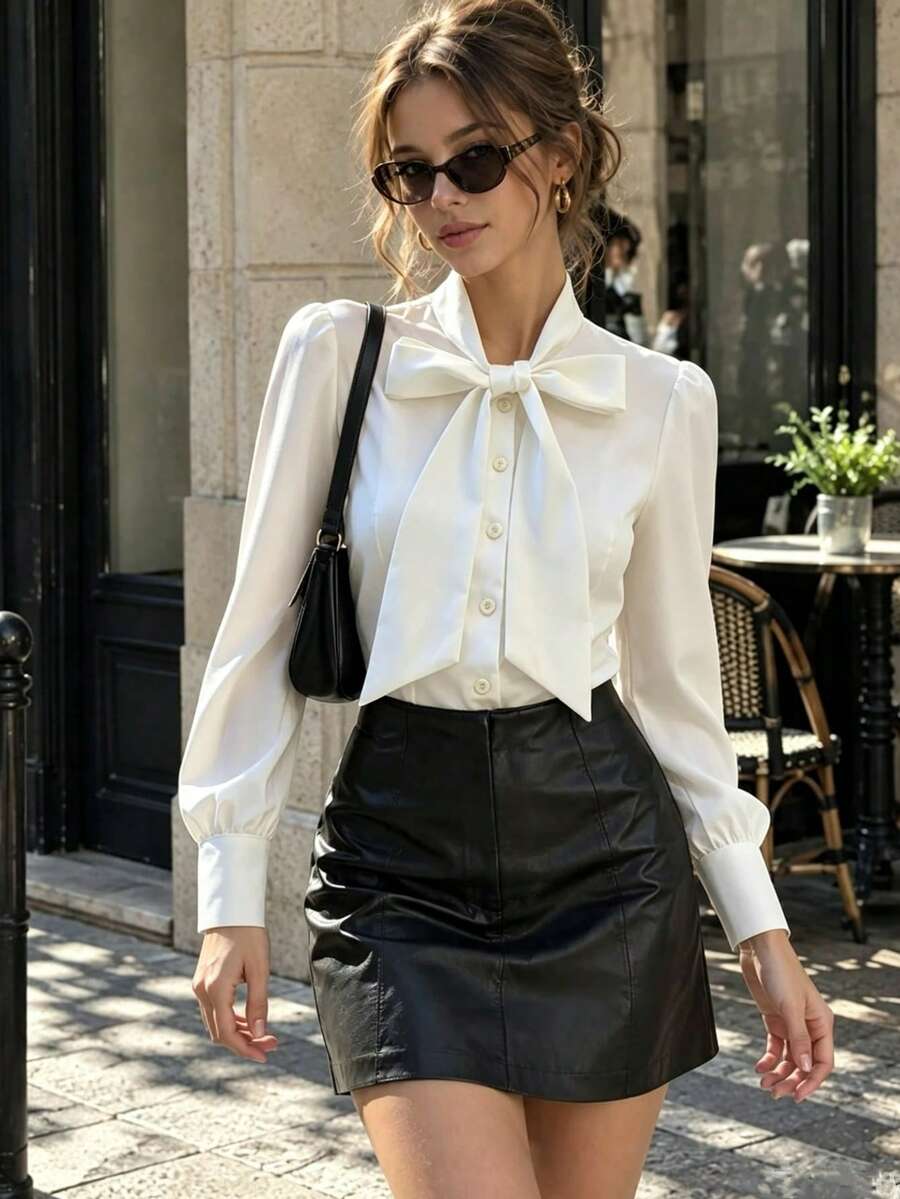Women's Elegant White Collar Shirt Long Sleeve Front Button Bow Detail Regular Fit Top - White - View 1