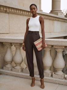 Solid Color Woven Fabric Button Pocket Women's Cargo Pants, Wide-Leg Casual Trousers - Chocolate Brown - View 4