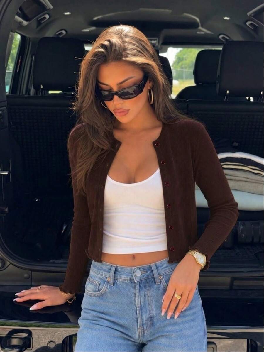 Women's Autumn/Winter Fashion Cardigan Button-Up Top, Slim Fit Long Sleeve Ruffle Trim T-Shirt - Brown - View 1