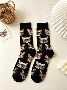 1 Pair Black Bottom Cat Glasses All-Over Print Women's Mid-Calf Socks, Vintage Fun Cartoon Animal Pattern Versatile Casual Mid-Calf Socks - Multicolor - View 9