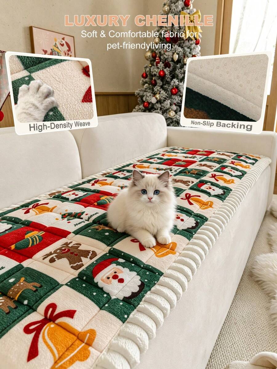 1PC Christmas Pattern Chenille Sofa Cushion Cover, Festive Holiday Couch Slipcover For Living Room Home Decor, Non-Slip Backing, Scratch-Resistant Pet Friendly, Machine Washable For 1/2/3/4 Seater Sofa - Multicolor - View 1