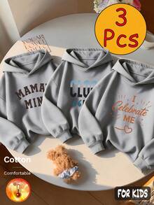 Autumn/Winter 3 Pieces Set Girls' Fleece-Lined Hooded Sweatshirt With "MAMA MINI", "CLOSER", "I Celebrate ME" Print Y2K Style - Heather Gray+Heather Gray+Heather Gray - View 2