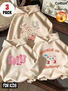 Autumn/Winter 3 Pieces Set For Girls: Fleece Hooded Sweatshirt With Denim Boots, Decorated With Horseshoe, Bow, Flower, Cow Print, Y2K Style - Apricot + Apricot + Apricot - View 2