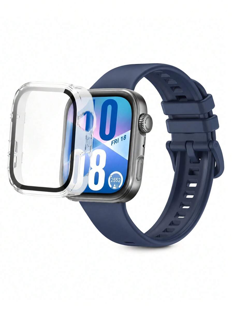 2pcs Blue Soft Silicone Watch Band And Full Coverage Screen Protector Case Compatible With Huawei Watch Fit 3/Fit 4/Fit 4Pro/Fit 5, Breathable Sports Watch Band Replacement, With Scratch-Resistant Protective Case, Adjustable Sweat-Proof Watch Band Accessory, Suitable For Men And Women Daily Wear, Perfect Gift For Friends, Family, Valentine's Day, Mother's Day, Back To School, Birthday, Suitable For Dating, Gathering, Daily Outing, Travel - Blue - View 1