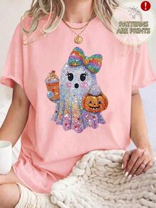 Plus Size Women's Daily Ghost Pumpkin Coffee Print Round Neck Short Sleeve Casual Spring/Fall/Summer Plus-Size T-Shirt Top Going Out Tops Women - Pink - View 1