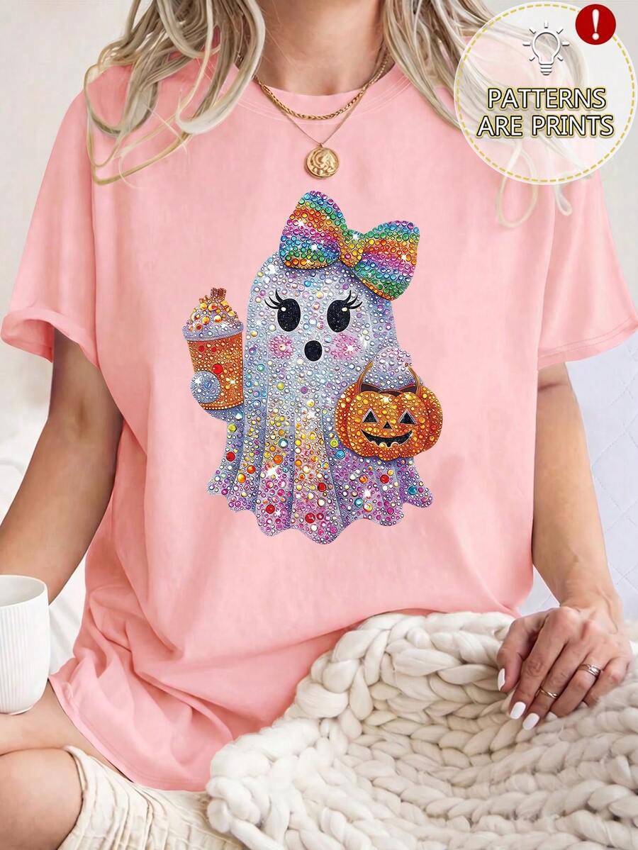 Plus Size Women's Daily Ghost Pumpkin Coffee Print Round Neck Short Sleeve Casual Spring/Fall/Summer Plus-Size T-Shirt Top Going Out Tops Women - Pink - View 1