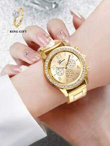 1pc Ladies Watch Gold Watch Ladies' Casual/Business Alloy Watch With Quartz Movement, Rhinestones And Steel Strap - Gold - View 5