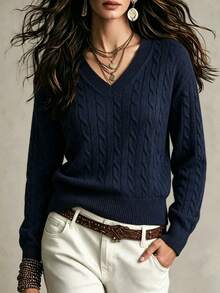 Women's Plus Size Cable Knit Sweater, Long Sleeve V-Neck Pullover, Classic Autumn/Winter Knit Top, Preppy Style - Blue - View 1