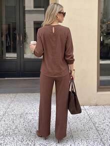 1pc Women's Spring/Autumn Solid Color Button Lantern Sleeve Long Sleeve Pants Set, Fashionable Comfortable Loose Skin-Friendly Home & Travel Essential - Coffee Brown - View 2