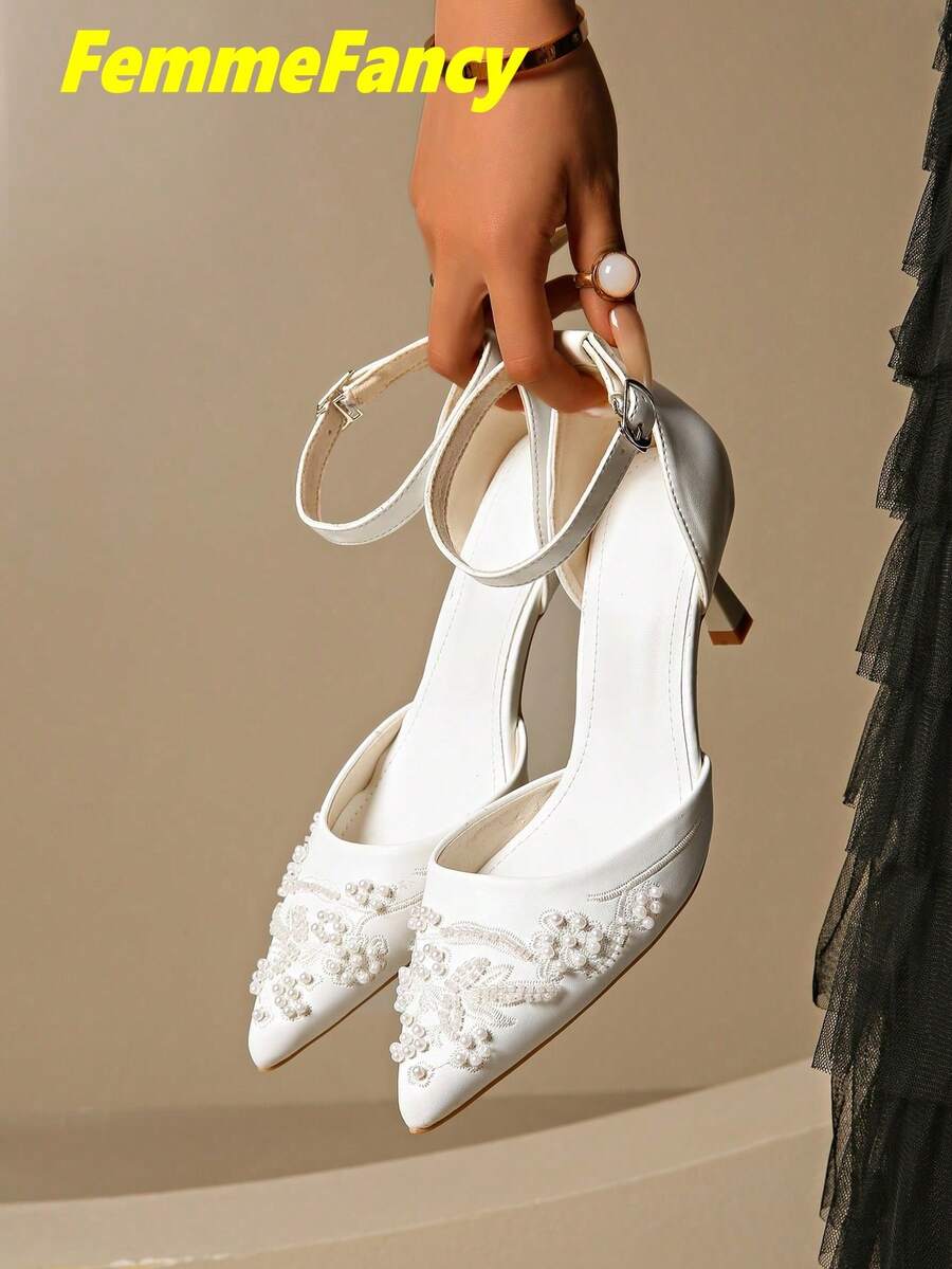Women's Fashion Sexy Pointed Toe Stiletto High Heel Shoes With Embroidered Pearl Decor Ankle Strap Buckle Kitten Heel Sandals