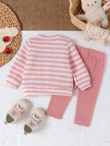 2pcs Baby Girl 3D Strawberry Decor Striped Long Sleeve Cardigan & Leggings Set, Thin Spring/Autumn Mori Style Cute - Pink - View 3