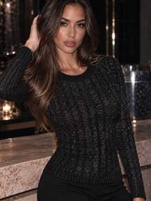 Apperloth A Elegant Ribbed Knitted Sweaters Round Neck Basic Pullover Stretchy Fitted Long-Sleeve Tops Casual For Women Fall/Winter Fashion Thanksgiving Outfit - Black - View 4