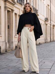 Women's Polyester Wide Leg Pants, Non-Stretch, Suitable For Autumn Bottoms - Apricot - View 1