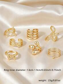 7pcs Bow Starfish Liquid Teardrop Gold Stackable Rings Set For Women, Open Adjustable Statement Finger Rings - Yellow Gold - View 2