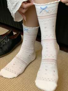 4 Pairs Women's Cute Polka Dot Ruffle Edge Comfortable Casual Mid-Calf Socks, White, Breathable And Soft, Suitable For School, Daily Wear, Random Color, Suitable For Spring, Summer, Autumn, Winter All Seasons - Multicolor - View 2