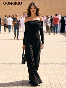 QUNGIGU Women Off Shoulder Maxi Dress Ruched Elegant Apparel For Wedding Guest Evening Banquet Going Out - Black - View 1