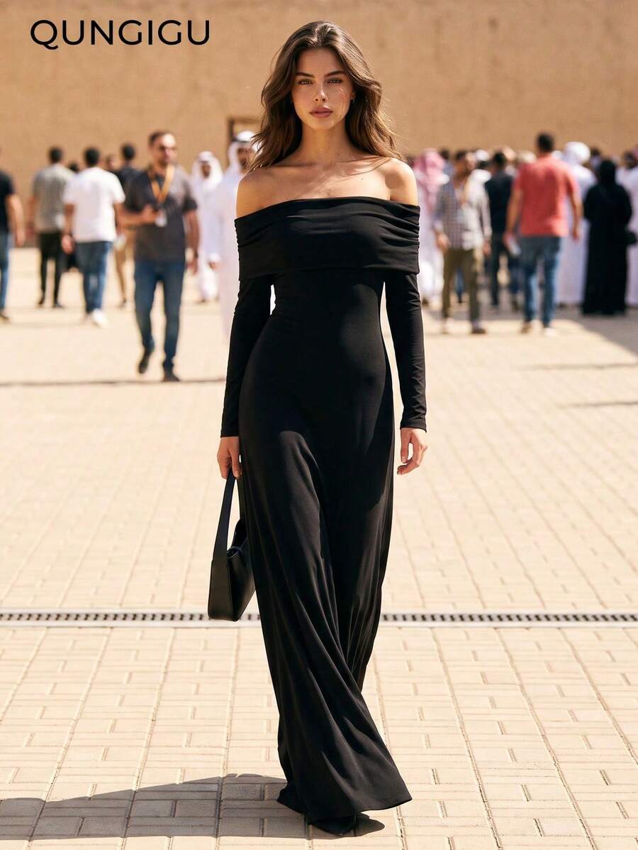 QUNGIGU Women Off Shoulder Maxi Dress Ruched Elegant Apparel For Wedding Guest Evening Banquet Going Out - Black - View 1