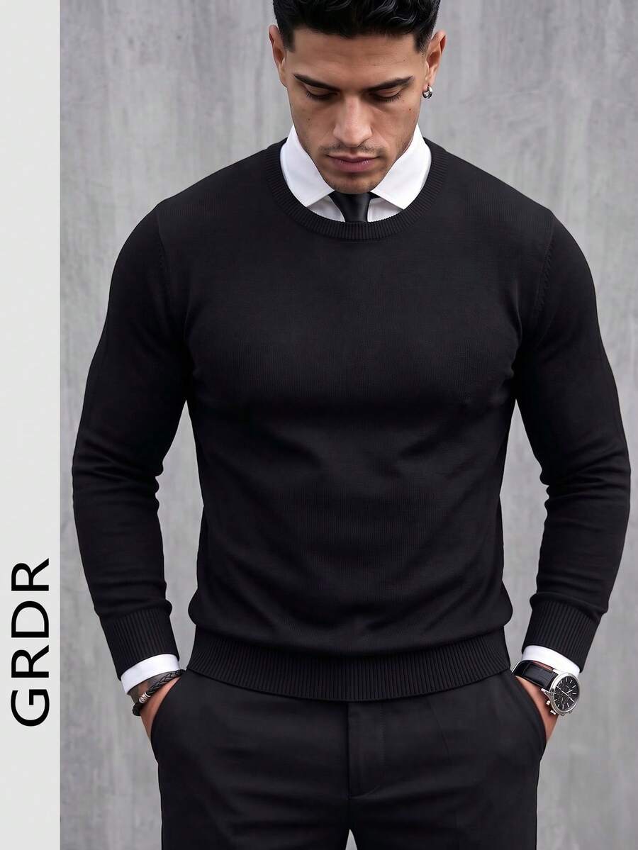 GRDR 男士純色圓領長袖針織衫，秋冬款