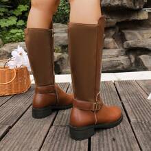 Western Style Women's Solid Brown Knee-High Boots With Side Zipper, Round Toe Double Buckle Strap Decor Low Square Heel - Coffee Brown - View 6