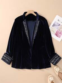 Women's Velvet Blazer Jacket With Floral Embroidery On Collar And Cuffs, Long Sleeve, Slim Fit, Open Front, Versatile Commuter Top For Autumn/Winter - Navy Blue - View 3