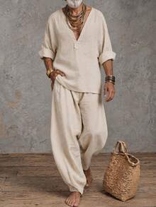 GOLDREDY Minimalist Men's V-Neck Casual Loose Pullover Long Sleeve Top And Wide Leg Pants 2 Pieces Set - Apricot - View 5
