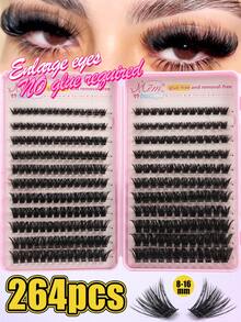 264pcs Self-Adhesive Cluster Lashes, D-Curl Fluffy Faux Mink False Eyelashes, No Glue Needed Press On Segmented Lashes, Reusable Lightweight DIY Eyelash Extensions For Beginners, Everyday Eye Makeup - D - View 6