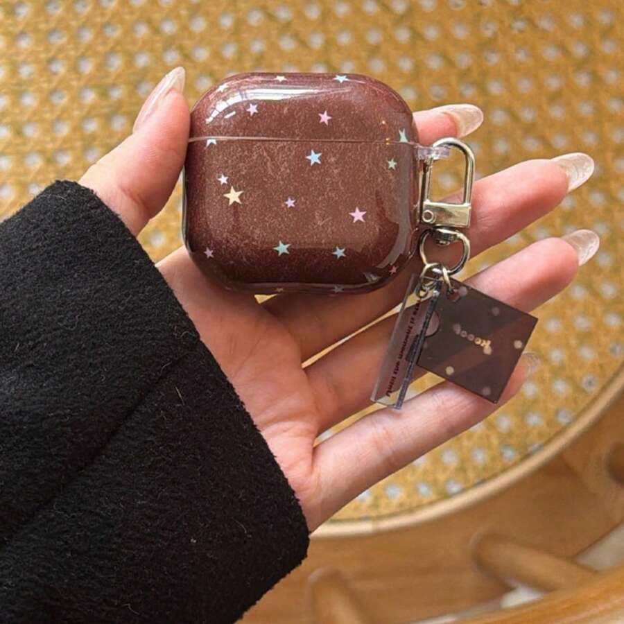 Korean Style Minimalist Full Screen Colorful Star Pattern With Pendant Earphone Case Compatible With AirPods 5 New Pro 3 Protective Cover Pro 2/Pro Cute Apple 4 Minimalist 3 Personalized 1/2 Generation Women's Earphone Case Protective Cover Spring/Summer Earphone Case/Birthday Gift/Holiday Gift - Brown - View 1