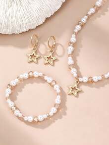 NAIZHU Set 4pcs/Set Kalung, Anting, dan Gelang Mutiara Satu Lapis Desain Minimalis untuk Anak Perempuan, Cocok untuk Pemakaian Sehari-hari, Pesta, dan Hadiah - MultiWarna - View 2