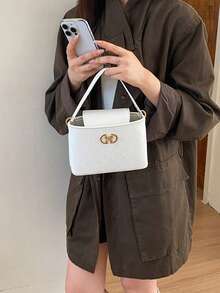 白色女款手提包 新款百搭水桶包 小眾通勤單肩斜挎包 時尚購物 PU 皮革包 - 白色 - 查看 3