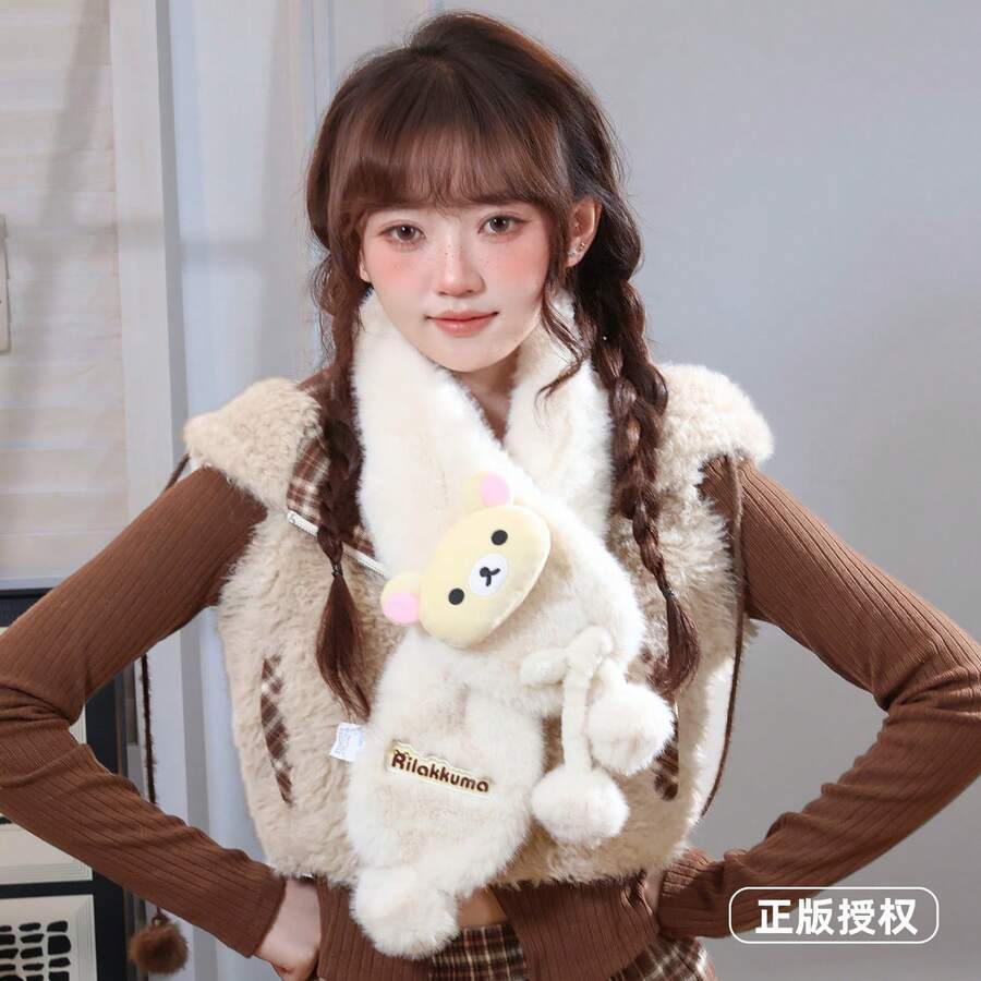 San-X Rilakkuma Relax Bear Authentic 2026 Autumn/Winter Cute Plush Scarf For Women Students, Warm Thick Neck Warmer, Adorable - Multicolor - View 1
