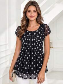 CheersLife Women's Short Sleeve Ruched Mesh Ditsy Floral Blouse Top, Summer Black Polka Dot - Black - View 1