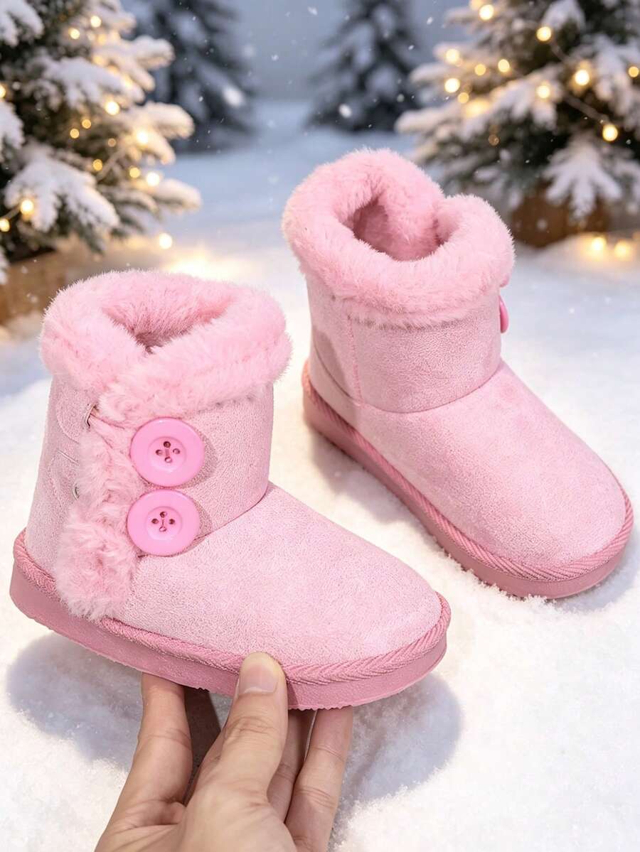 1 Pair Short Warm Snow Boots, Faux Suede + Double Large Button Decor, Round Toe Soft Sole Anti-Slip Design, Cute Princess Style Outdoor Boots, Suitable For Daily Campus Skiing, Autumn/Winter New Arrival
